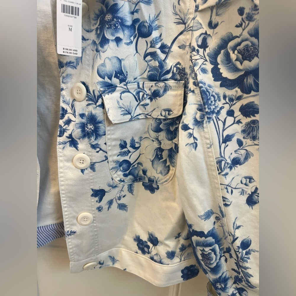 NWT new medium Anthropologie puff sleeve denim jean blue floral utility jacket - Picture 10 of 16